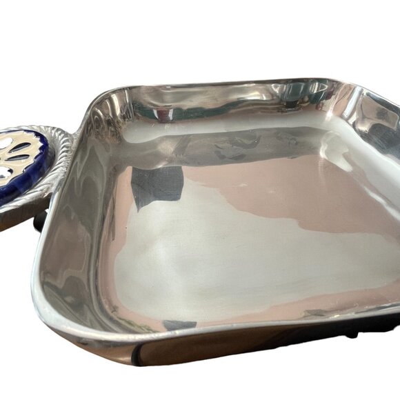 Vintage Heavy Aluminum Silver Serving Tray Ceramic Blue Handle Detail 8"x8" - Picture 5 of 6